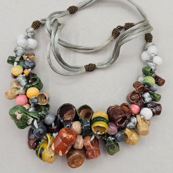Handmade Jewelry - Vintage Folk Art Pottery Mug Bead Necklace Ceramic Tankard Bib Statement Boho